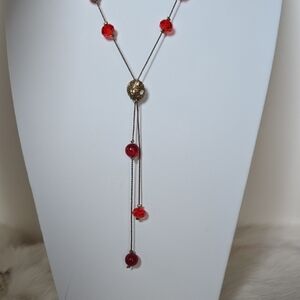 N-017-Vintage Red Faceted Glass Beads and Gold Tone Chain with A Central Drop